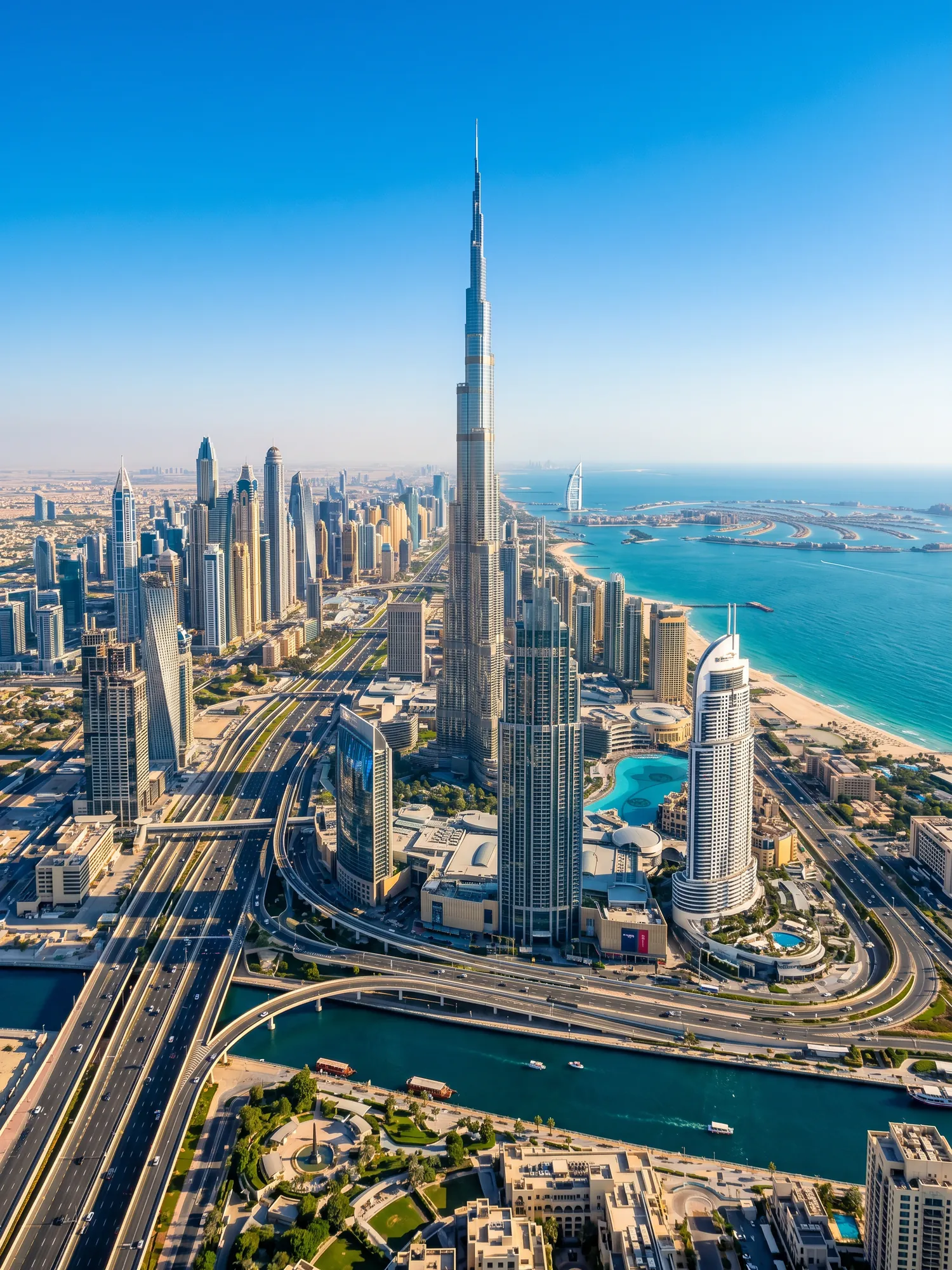 Panoramic aerial view of Dubai skyline in bright daylight