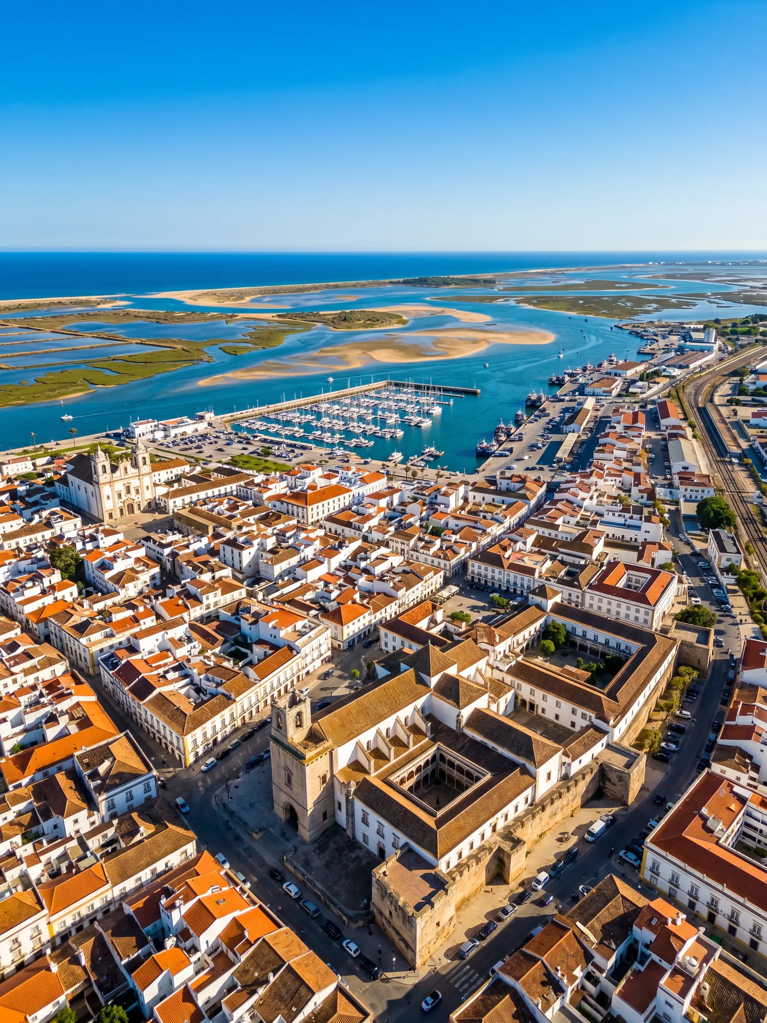 Panoramic aerial view of Faro skyline at golden hour