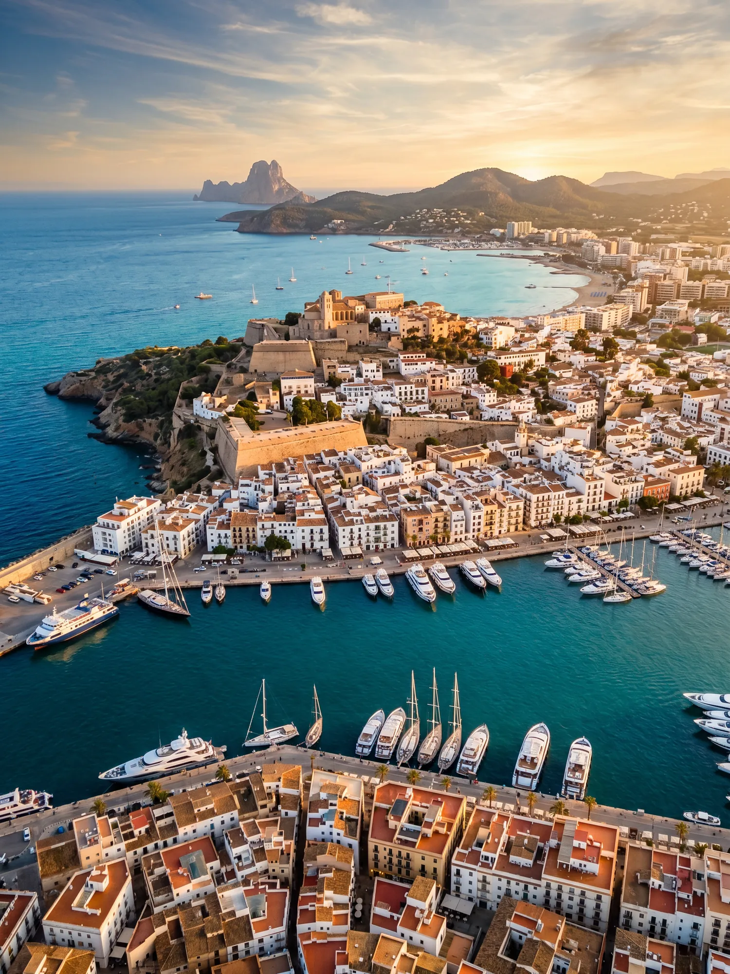 Panoramic aerial view of Ibiza skyline at golden hour