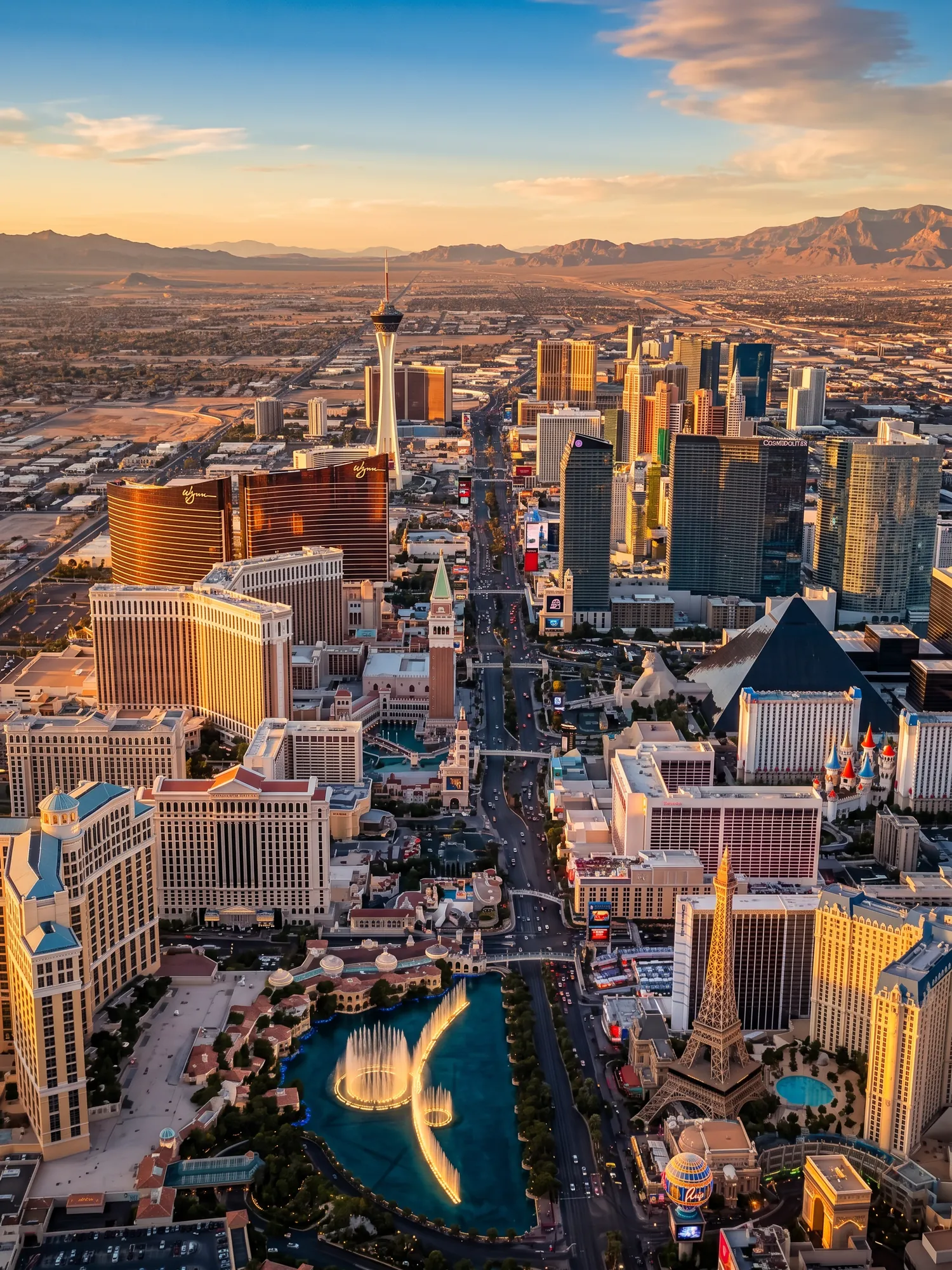 Panoramic aerial view of Las Vegas skyline at golden hour