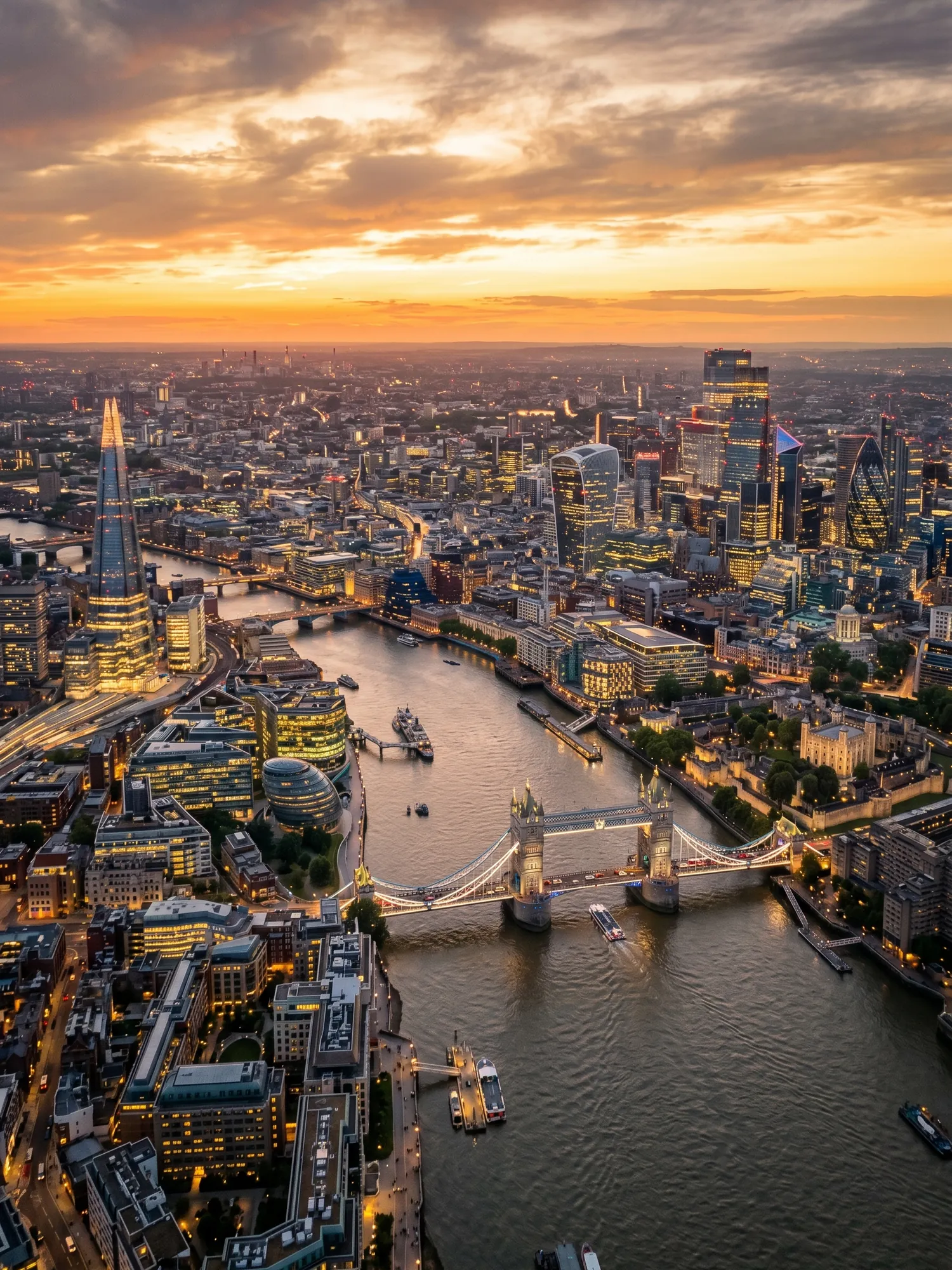 Panoramic aerial view of London skyline at golden hour