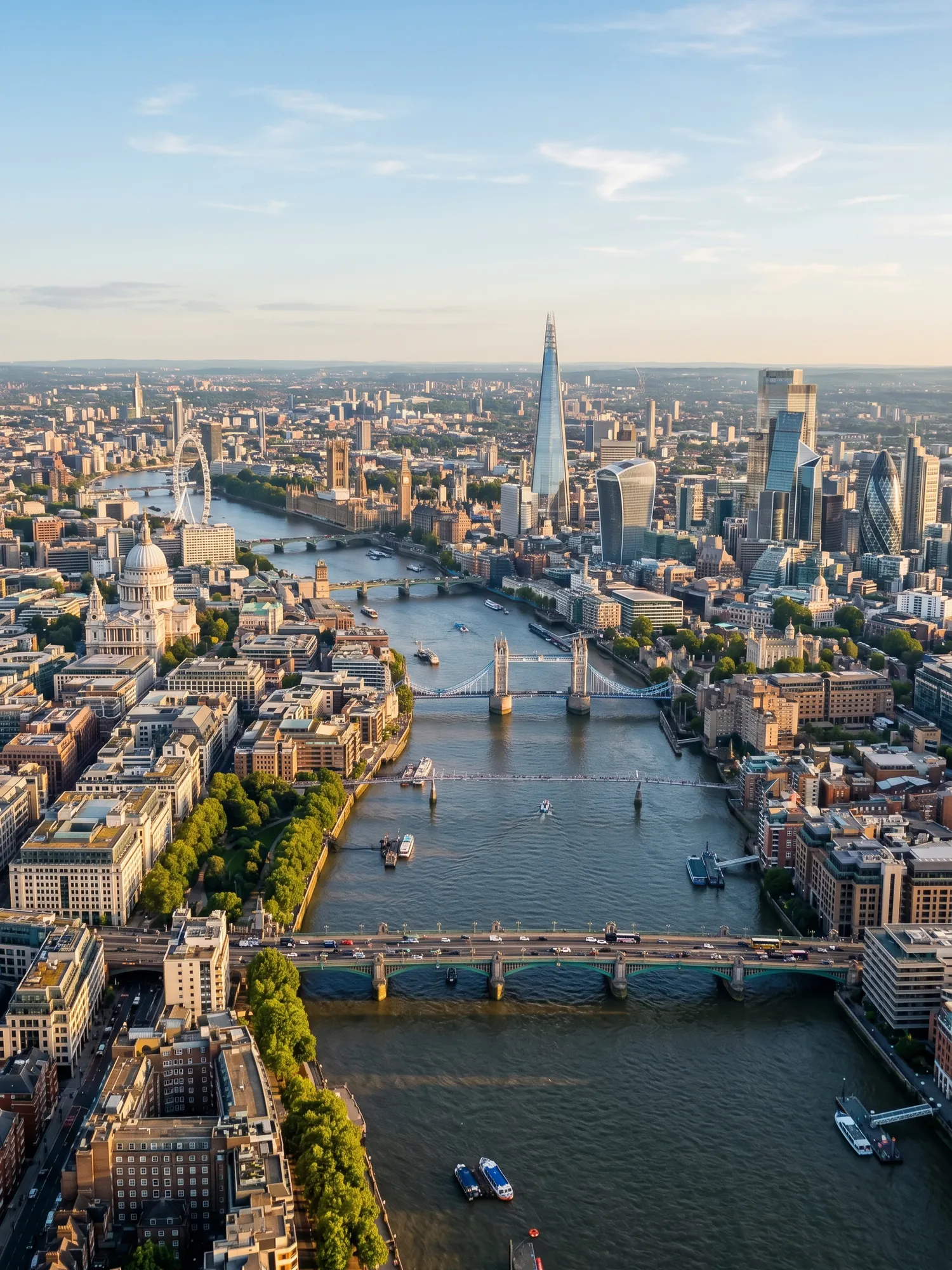 Panoramic aerial view of London skyline at golden hour