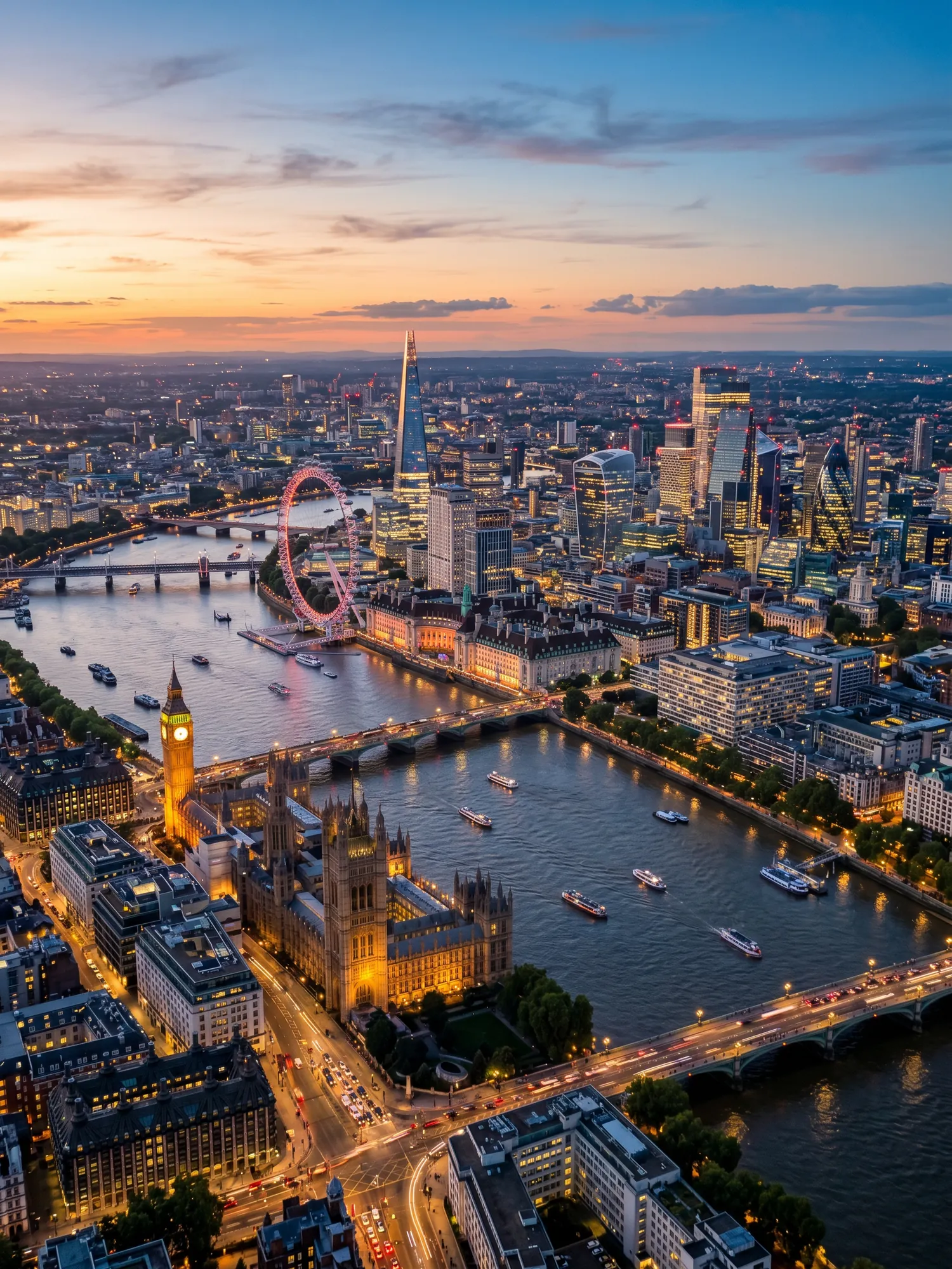 Panoramic aerial view of London skyline at golden hour