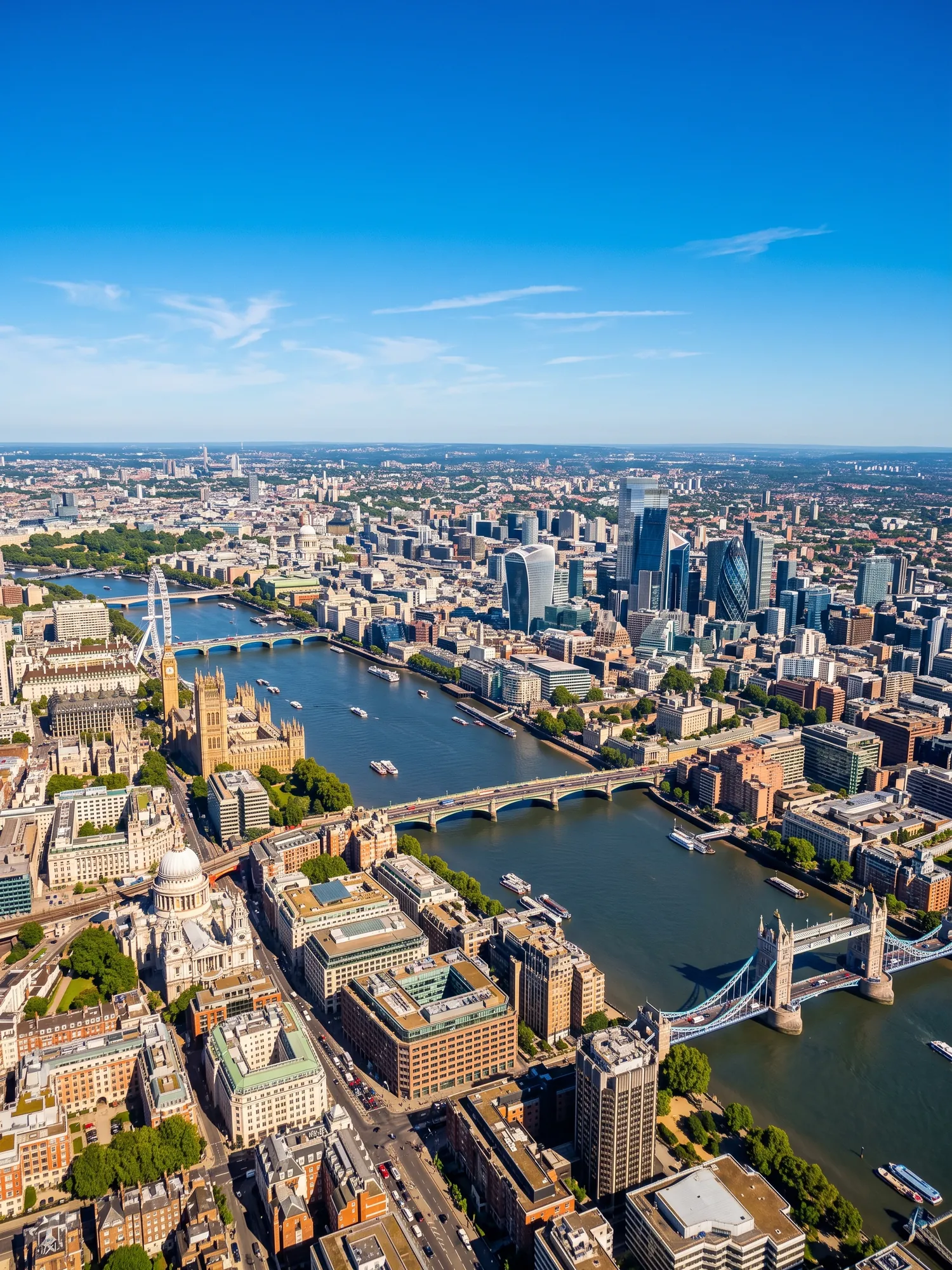 Panoramic aerial view of London skyline in bright daylight