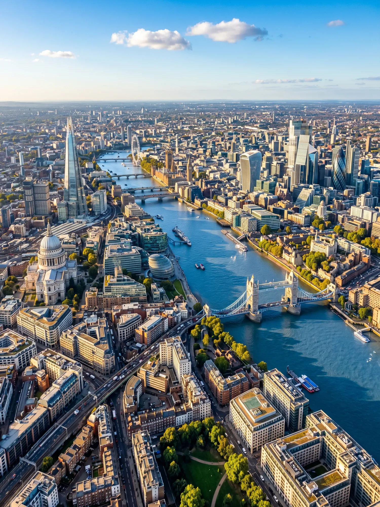 Panoramic aerial view of London skyline in bright daylight