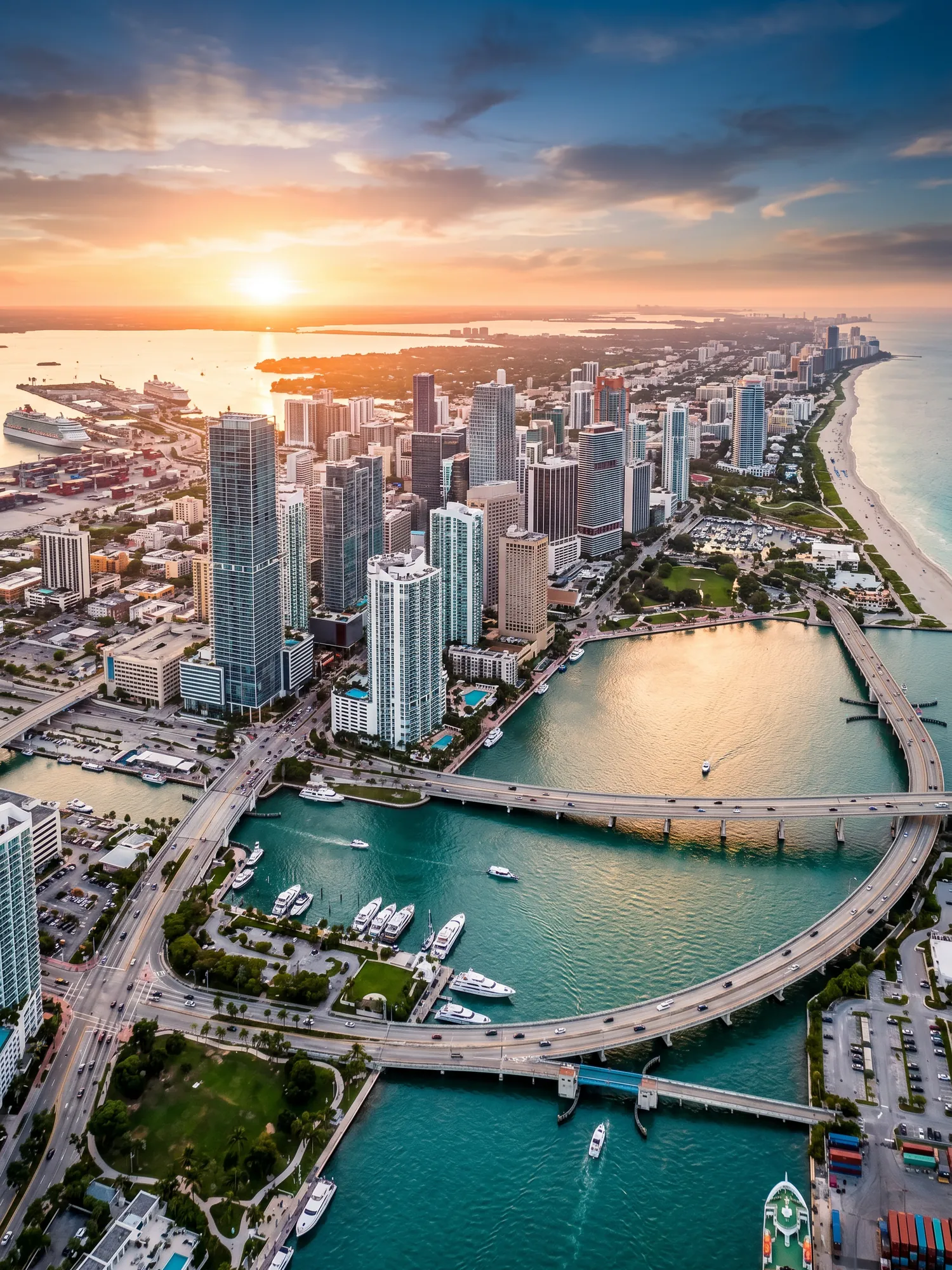 Panoramic aerial view of Miami skyline at golden hour
