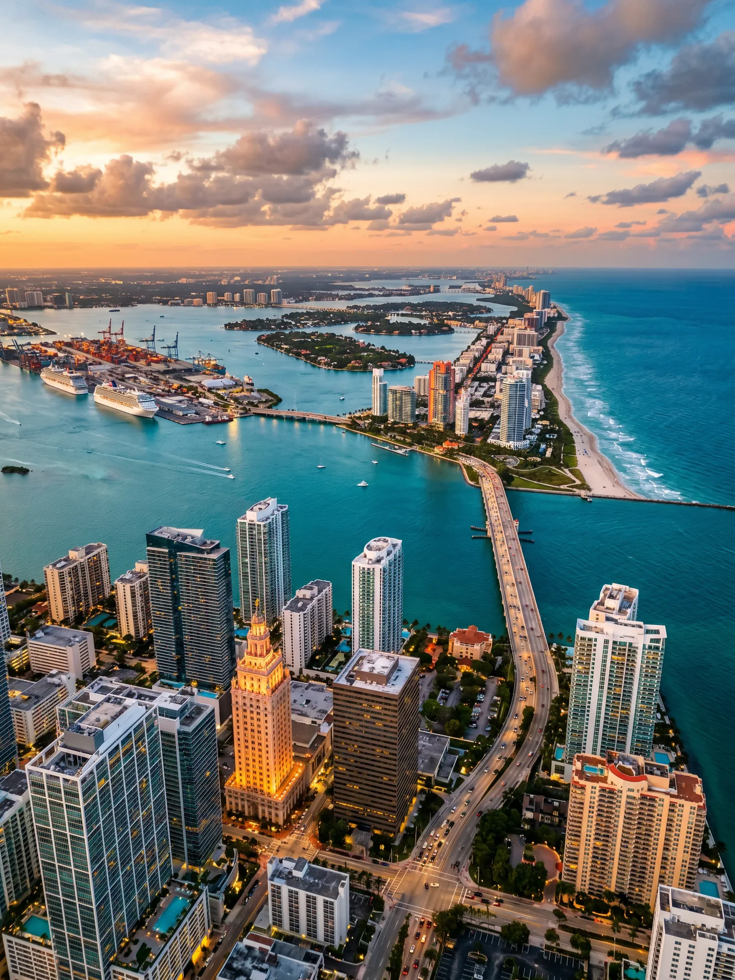 Panoramic aerial view of Miami skyline at golden hour