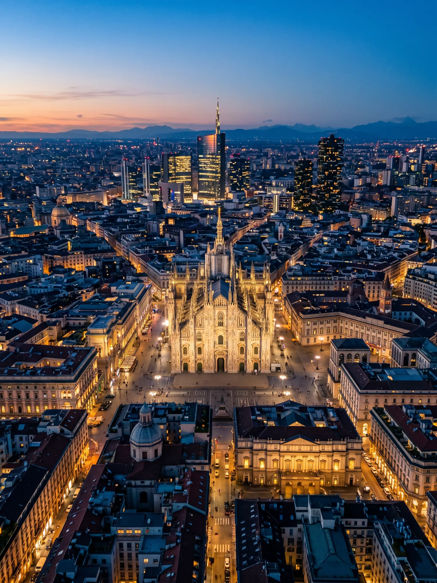 Panoramic aerial view of Milan skyline at golden hour