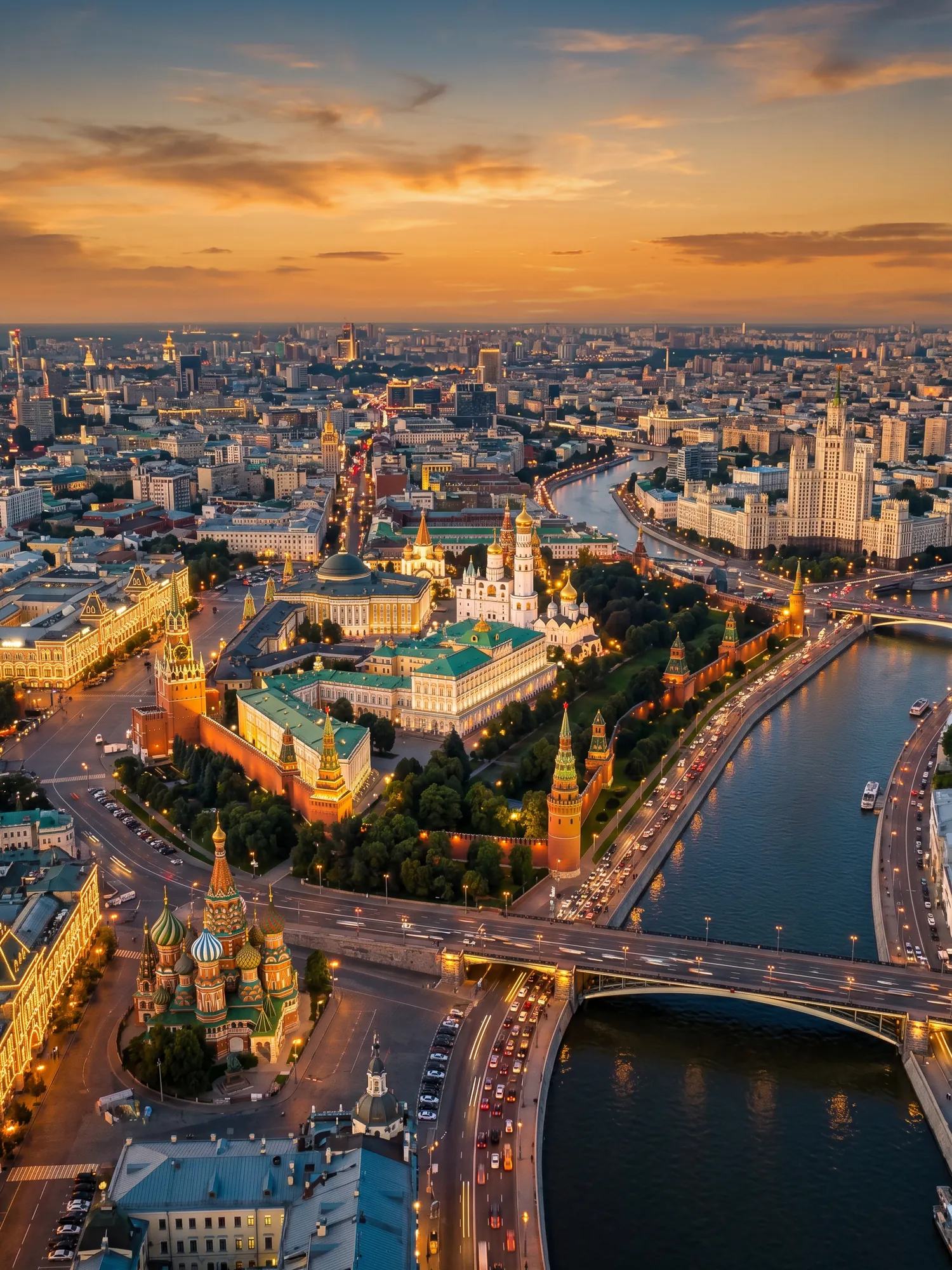 Panoramic aerial view of Moscow skyline at golden hour