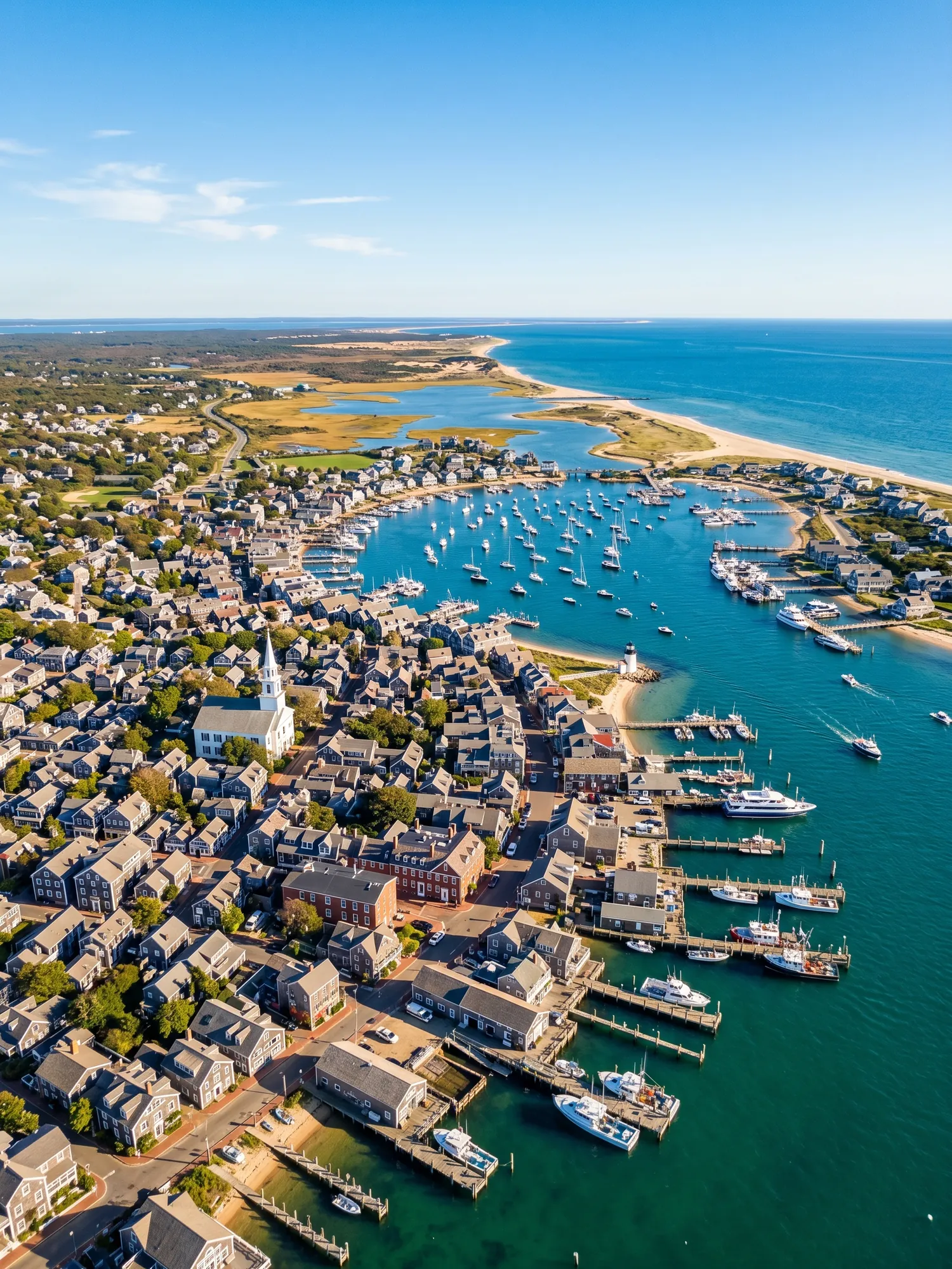 Panoramic aerial view of Nantucket skyline at golden hour