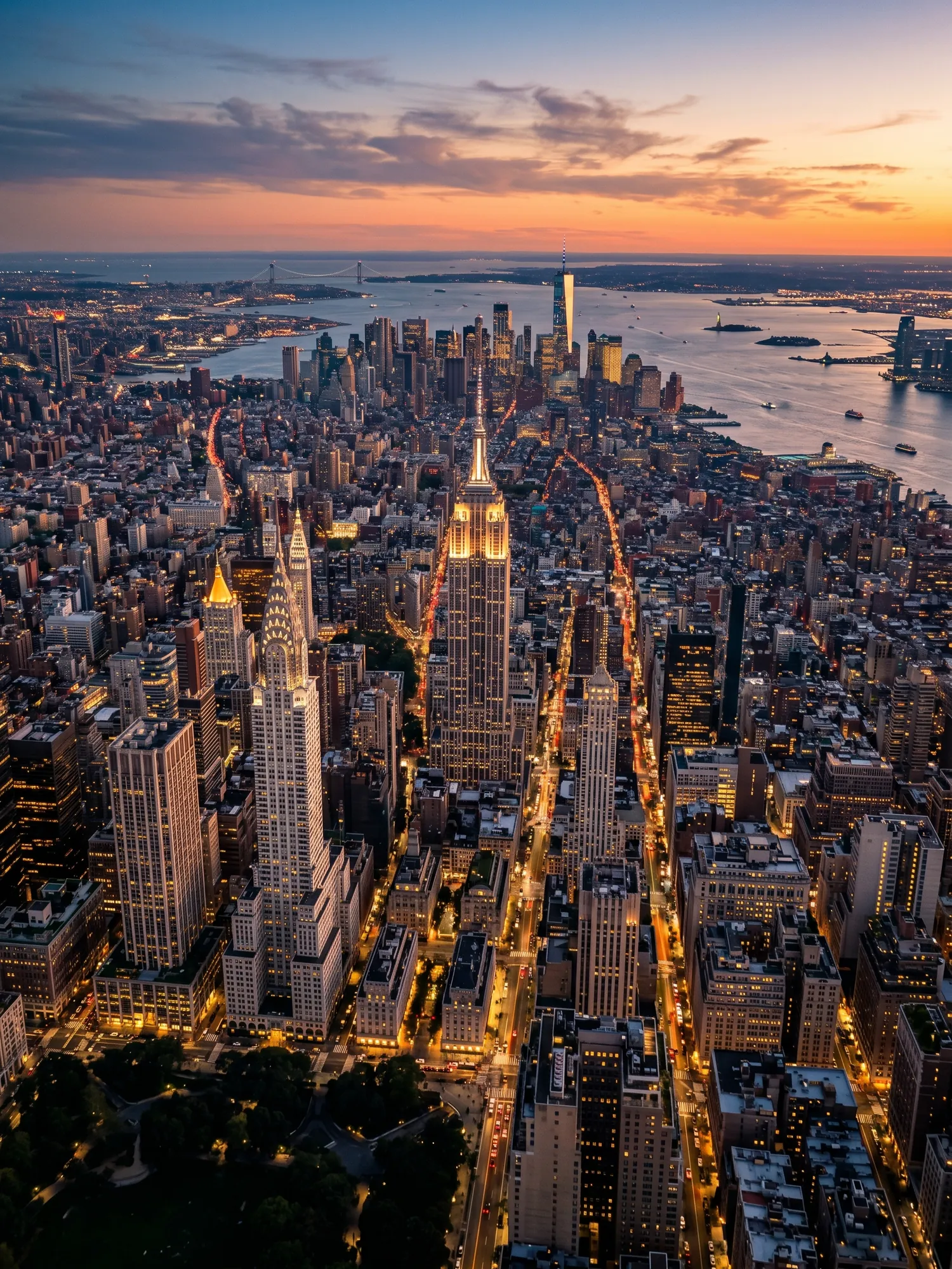 Panoramic aerial view of New York skyline at golden hour