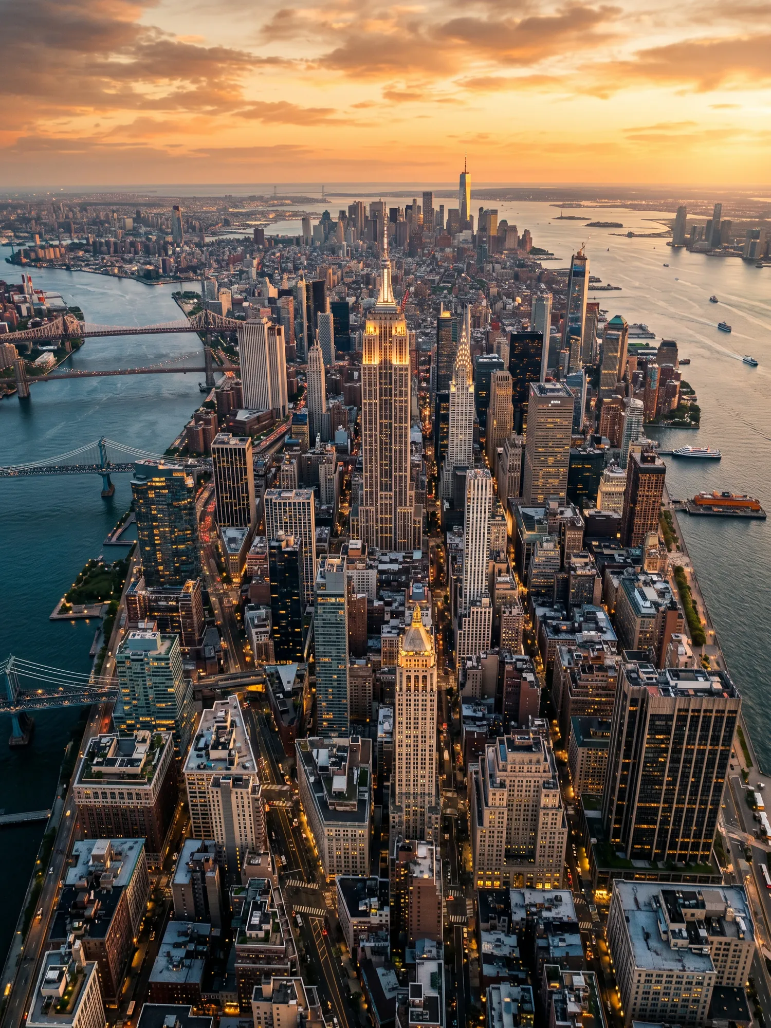 Panoramic aerial view of New York skyline at golden hour