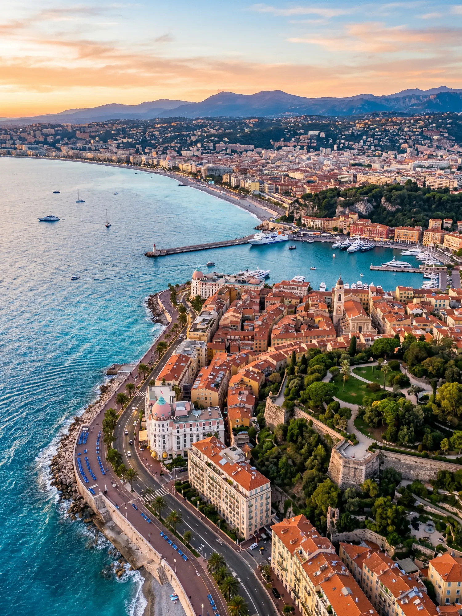 Panoramic aerial view of Nice skyline at golden hour