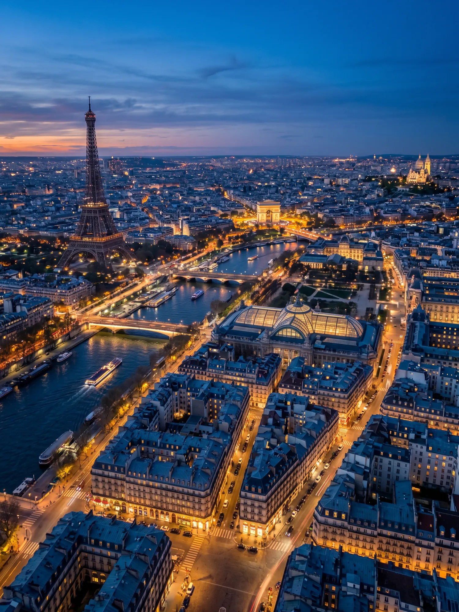 Panoramic aerial view of Paris skyline at golden hour