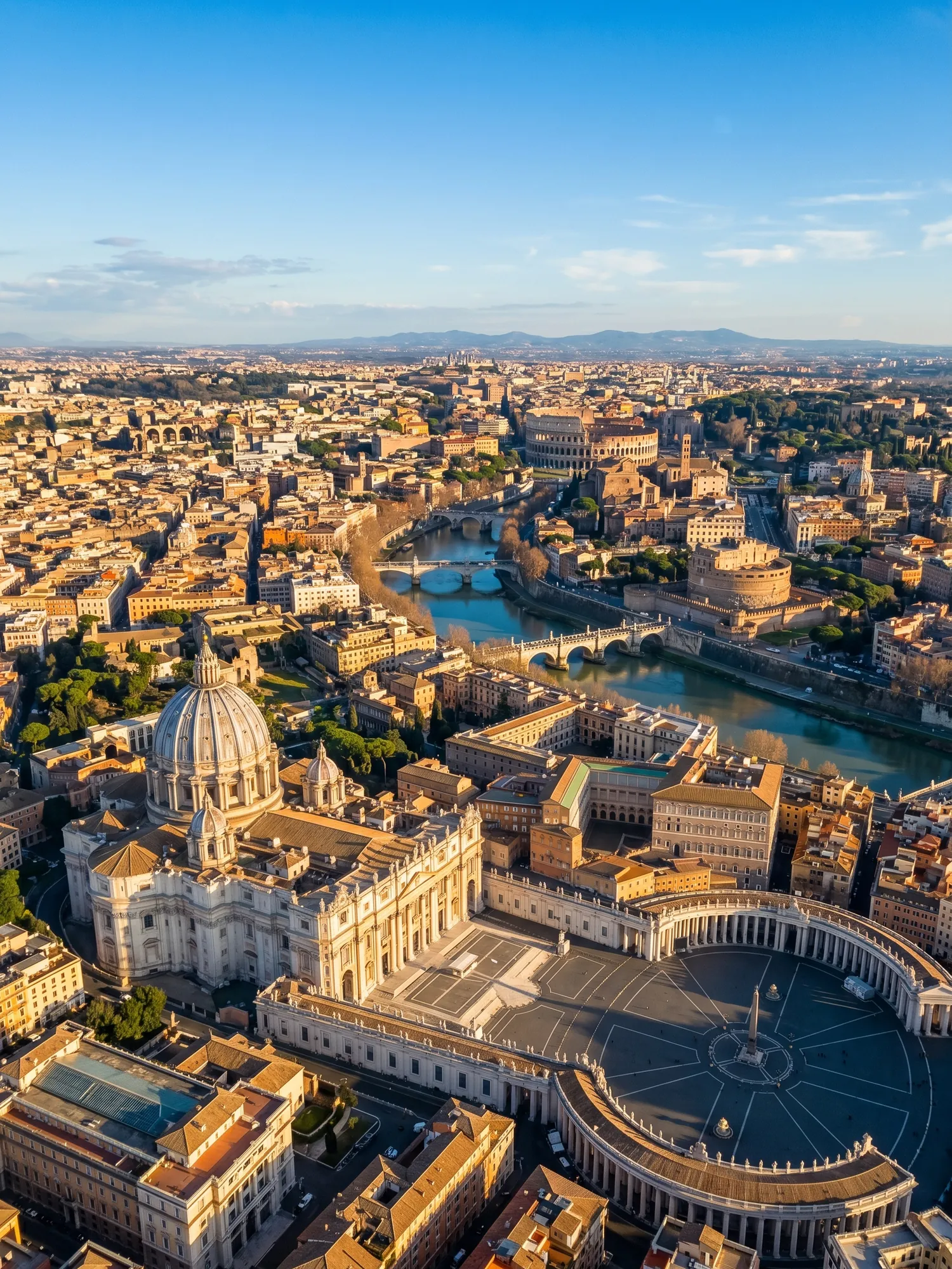 Panoramic aerial view of Rome skyline at golden hour
