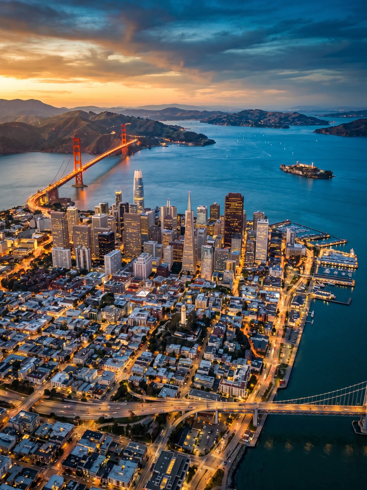 Panoramic aerial view of San Francisco skyline at golden hour