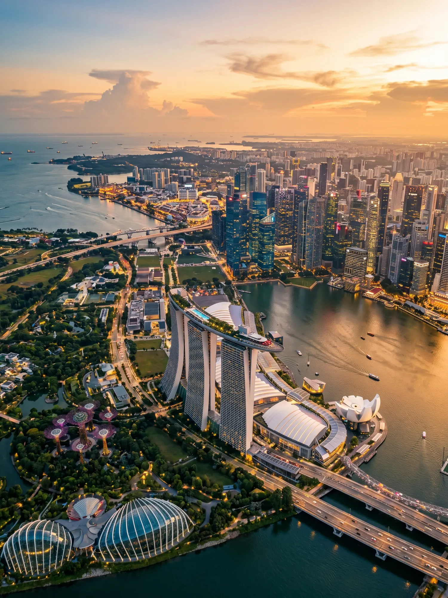 Panoramic aerial view of Singapore skyline at golden hour