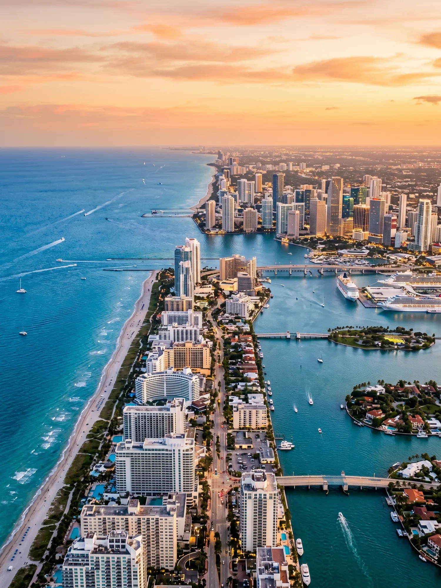 Panoramic aerial view of South Florida skyline at golden hour