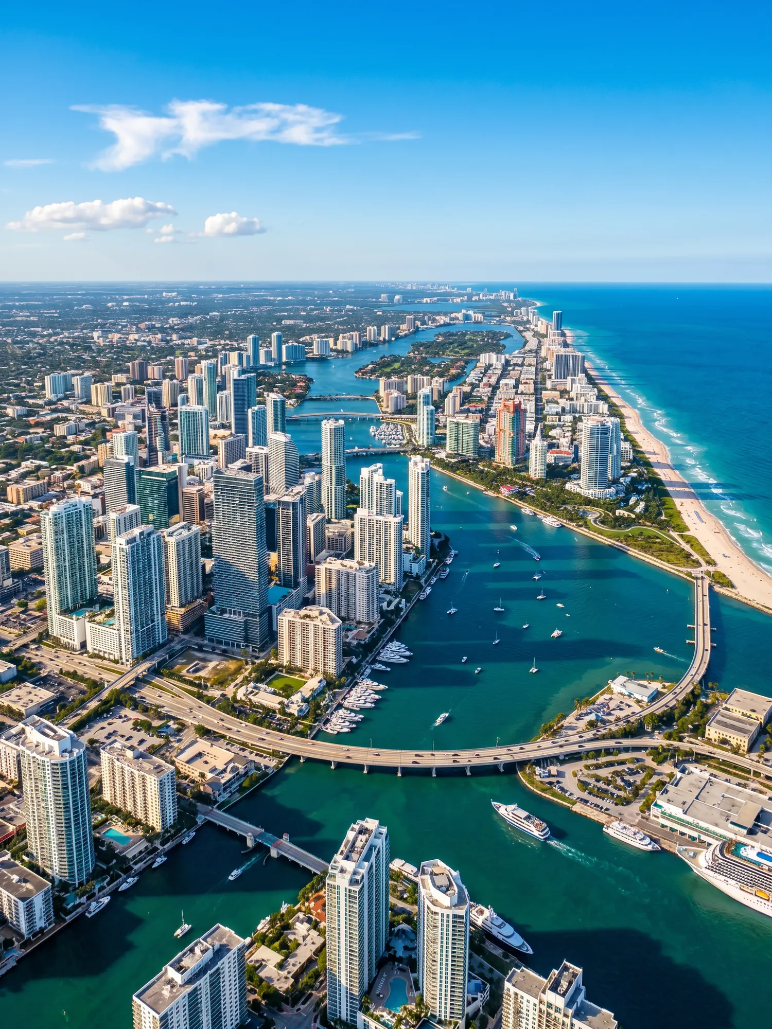 Panoramic aerial view of South Florida skyline in bright daylight