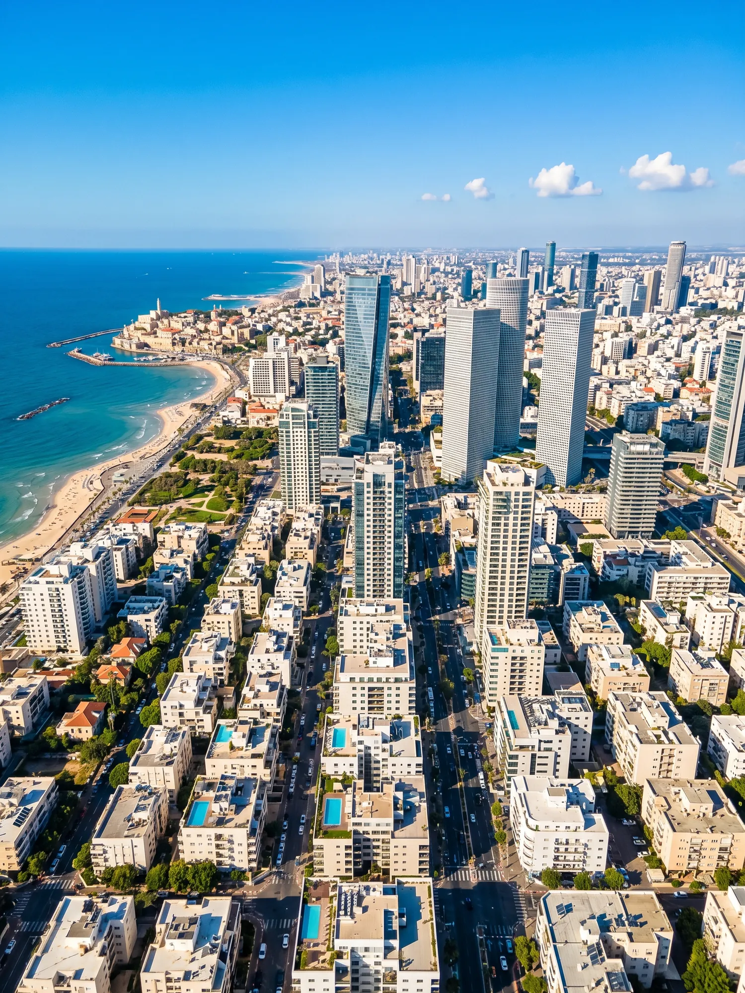 Panoramic aerial view of Tel Aviv skyline at golden hour