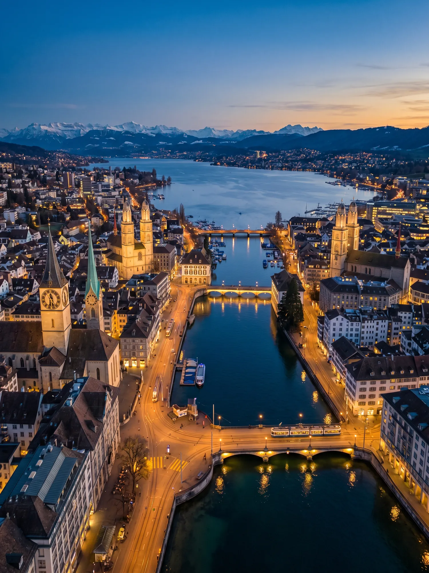 Panoramic aerial view of Zurich skyline at golden hour