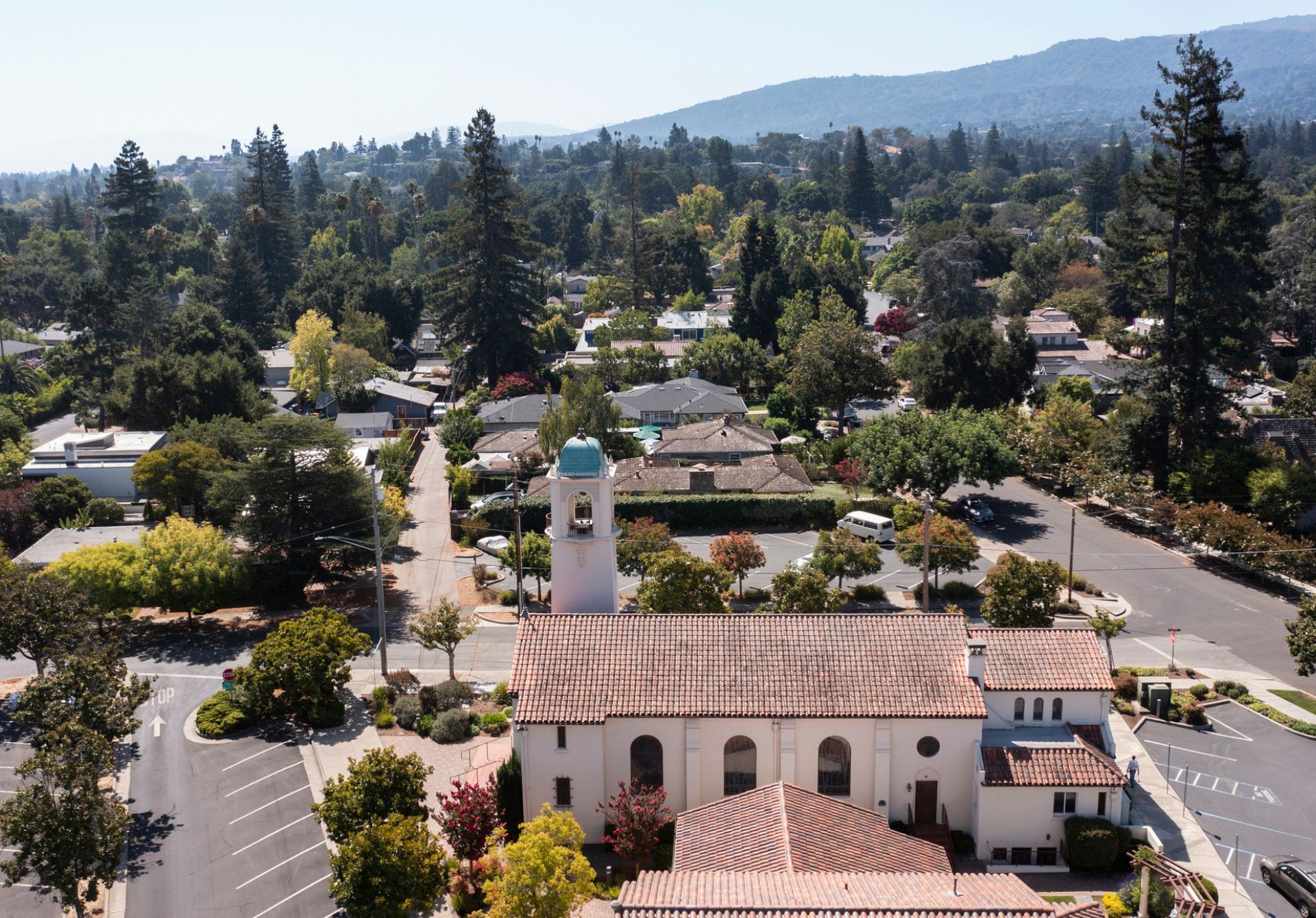 Image of Daytime View Of A Historic Church And Cityscape Of Downtown Los Altos