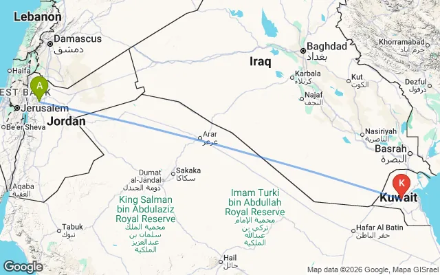 Flight path from Amman to Kuwait