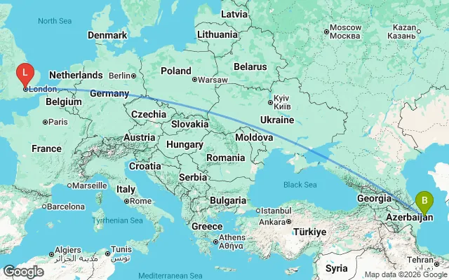 Flight path from Baku to London