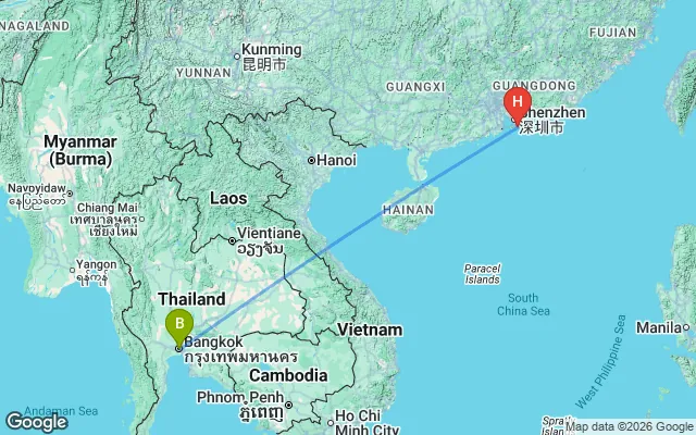 Flight path from Bangkok to Hong Kong