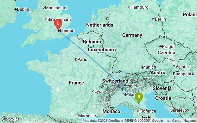 Flight path from Bologna to London