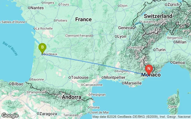 Flight path from Bordeaux to Nice