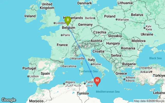Flight path from Brussels to Malta