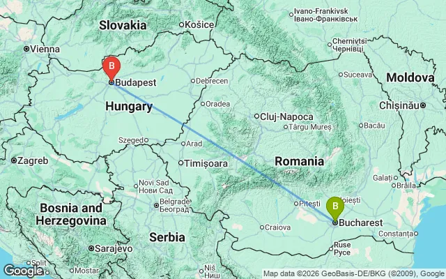 Flight path from Bucharest to Budapest