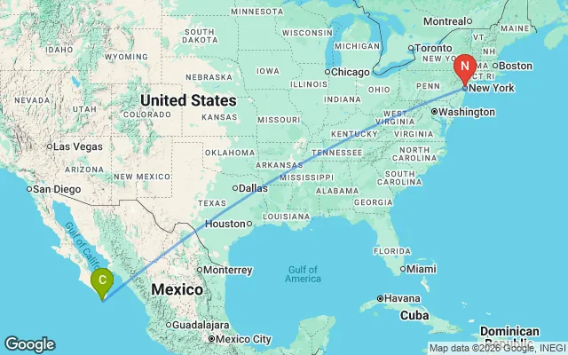 Flight path from Cabo San Lucas to New York