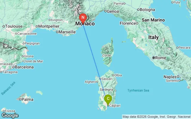 Flight path from Cagliari to Nice