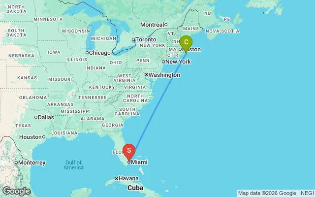 Flight path from Cape Cod to South Florida