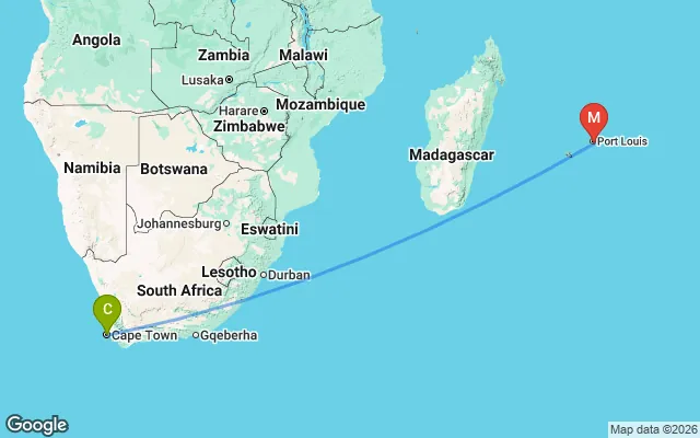 Flight path from Cape Town to Mauritius