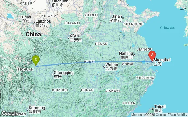 Flight path from Chengdu to Shanghai