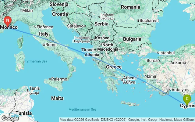 Flight path from Cyprus to Nice