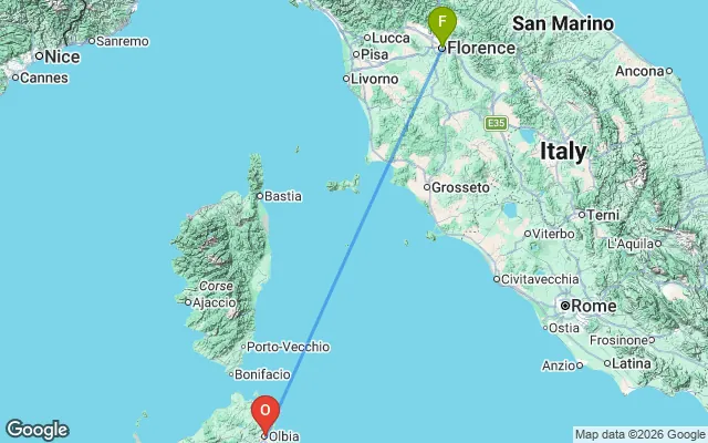 Flight path from Florence to Olbia