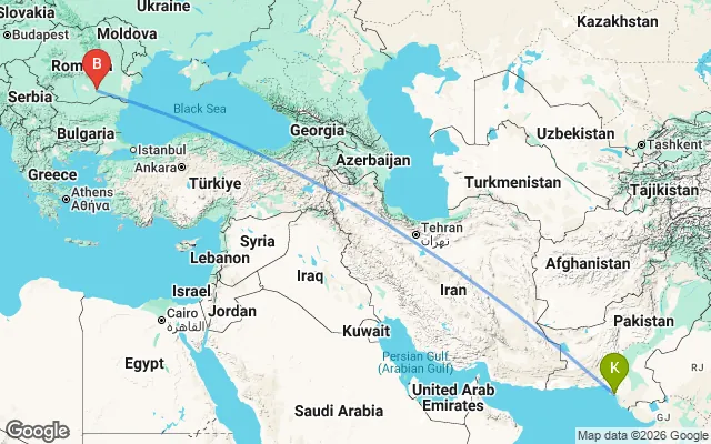 Flight path from Karachi to Bucharest