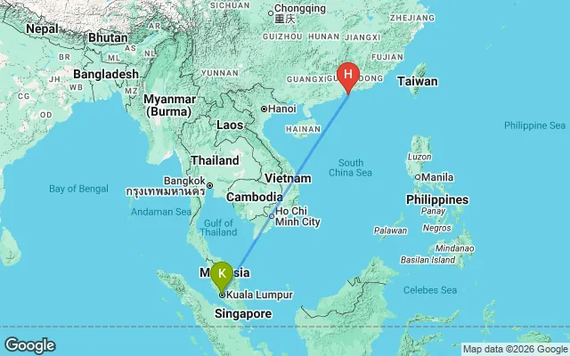 Flight path from Kuala Lumpur to Hong Kong