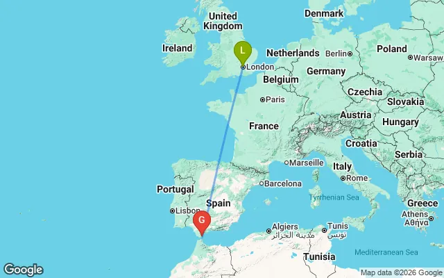 Flight path from London to Gibraltar