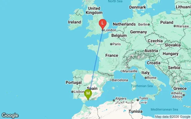Flight path from Malaga to London