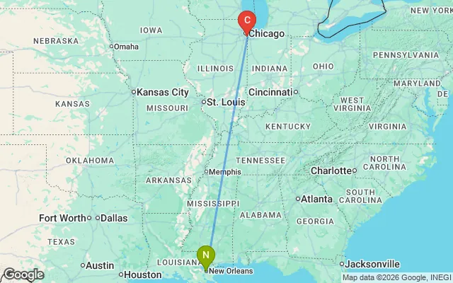 Flight path from New Orleans to Chicago