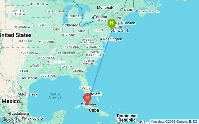 Flight path from New York to Cuba