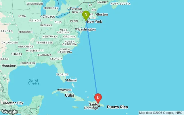 Flight path from New York to Dominican Republic