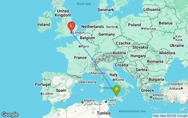 Flight path from Palermo to London
