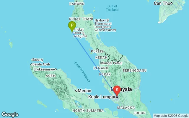 Flight path from Phuket to Kuala Lumpur