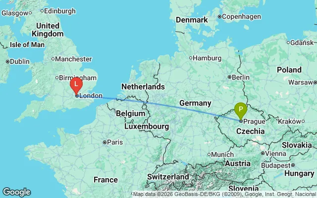 Flight path from Prague to London